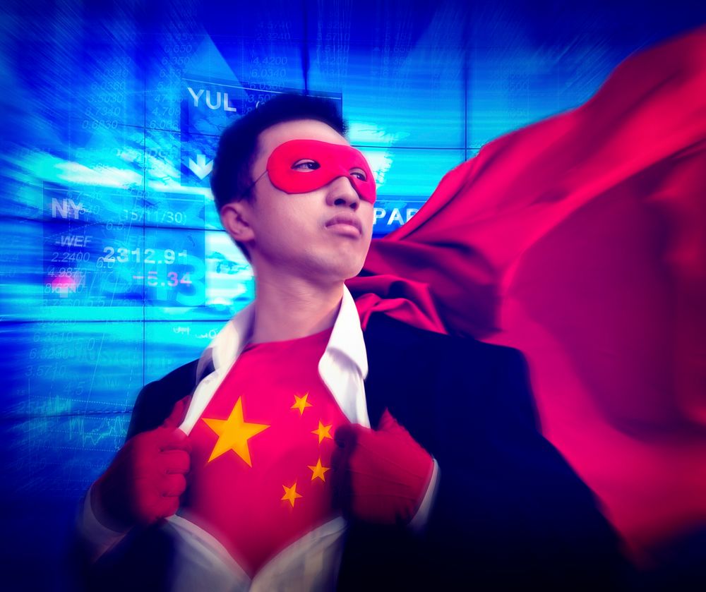 Superhero Businessman Chinese Stock Market Concept