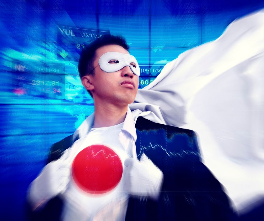 Superhero Businessman Japanese Stock Market Concept