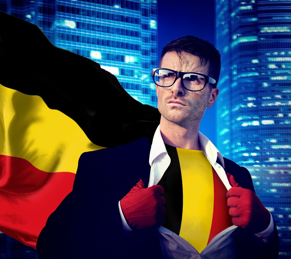 Businessman Superhero Country Belgium Flag Culture Power Concept