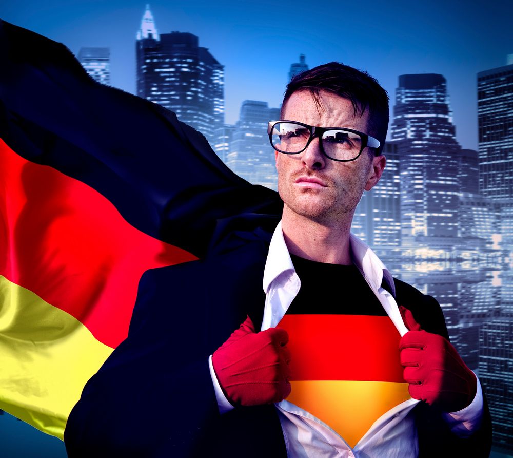 Superhero Businessman German Cityscape Concept