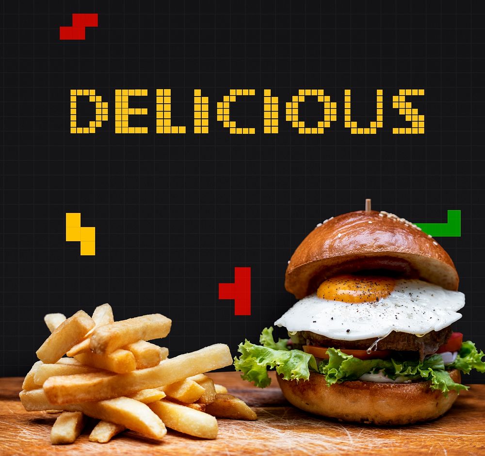 Burger and fries with 8 bit illustration of tasty menu