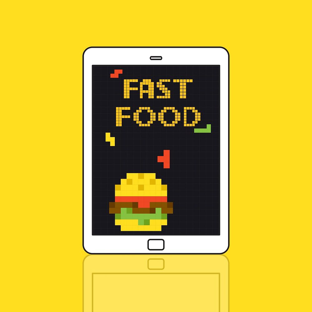 8 bit illustration of tasty burger meal on digital tablet