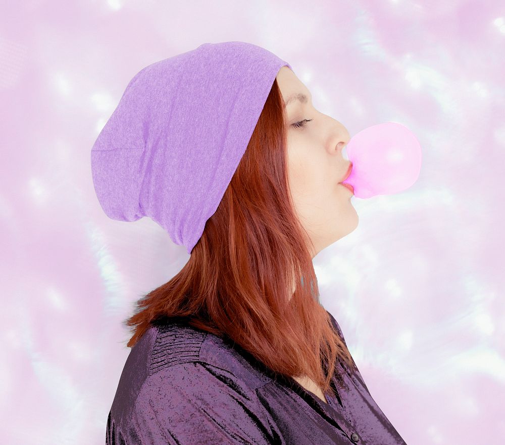 Woman blowing bubble gum, colorful design