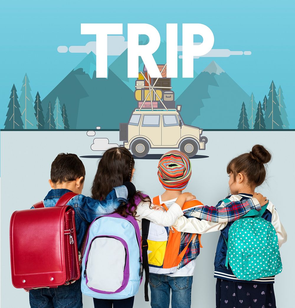 Children with illustration of discovery journey road trip traveling