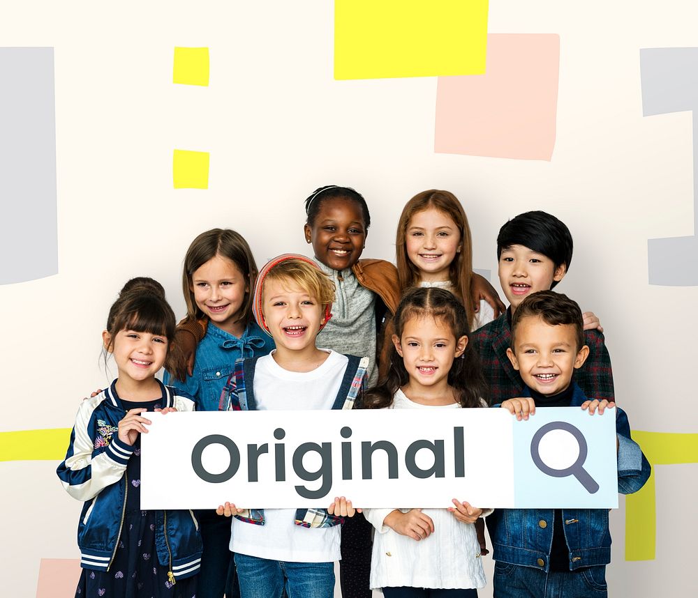 Children with searching banner for original