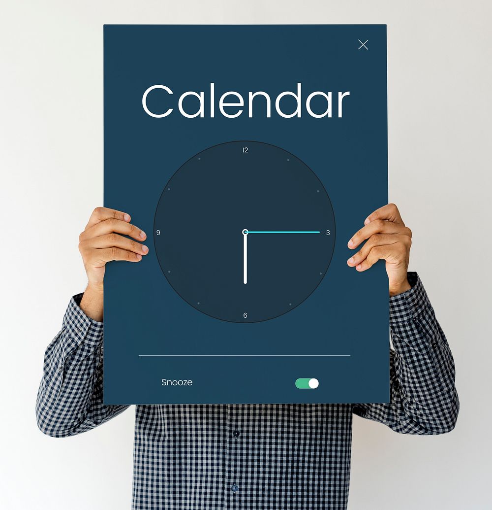 Man holding board cover his face with time icon
