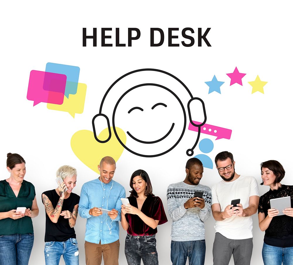 Group of people with illustration of contact us online customer services