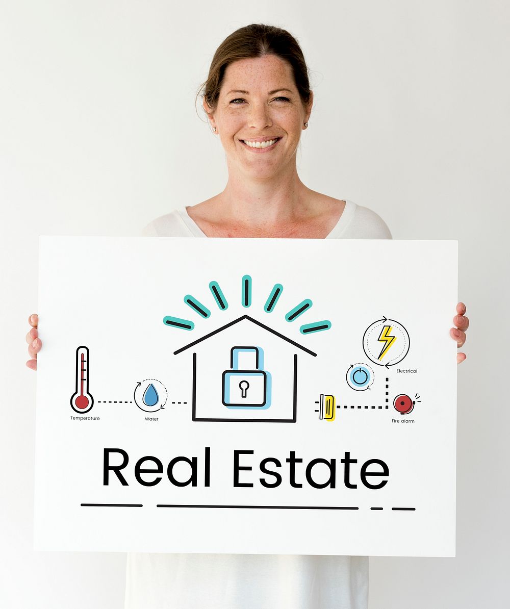 Woman holding illustration of smart house invention automation technology banner