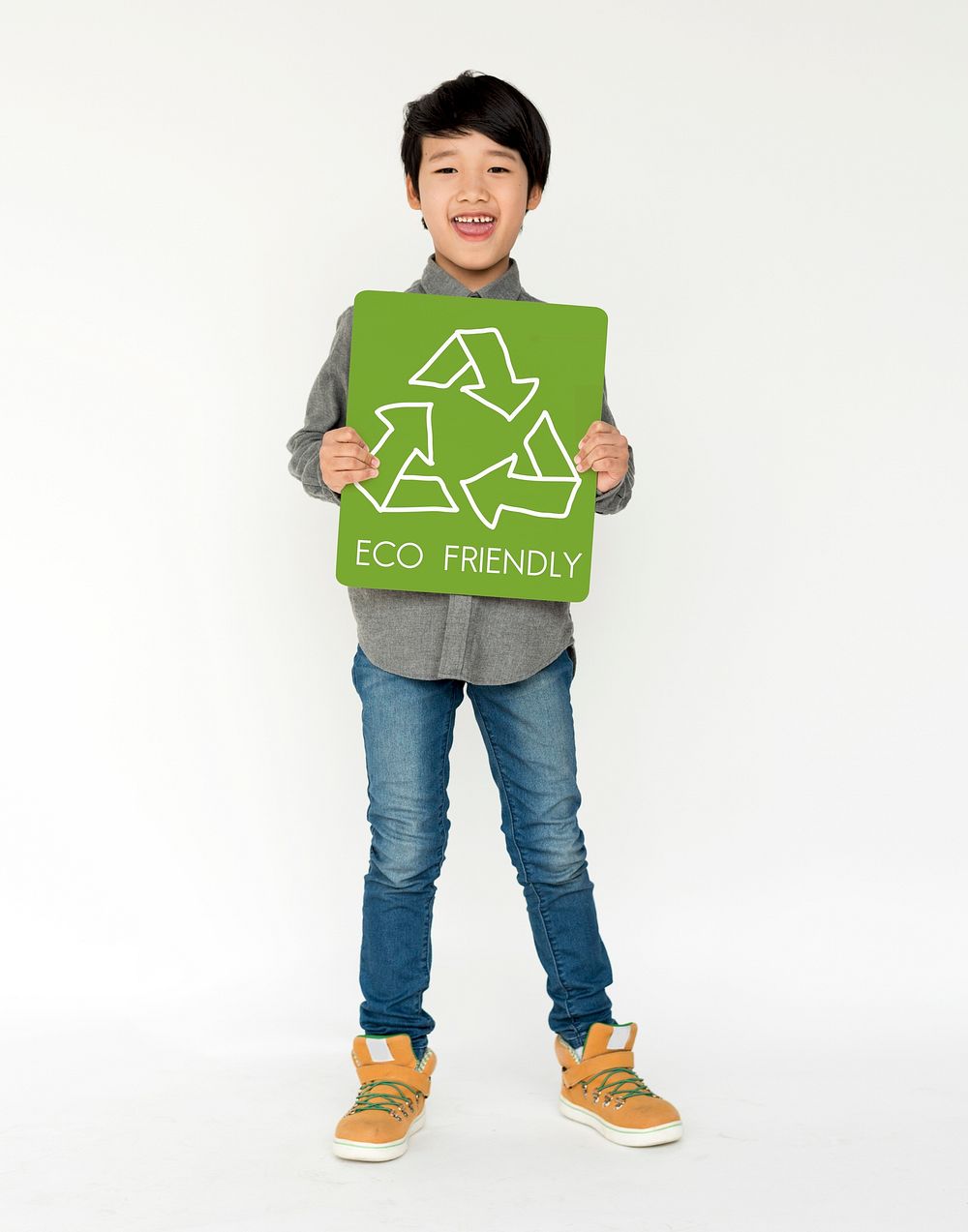 Little Boy with Recycle Sign Eco Friendly Save Earth Word Graphic