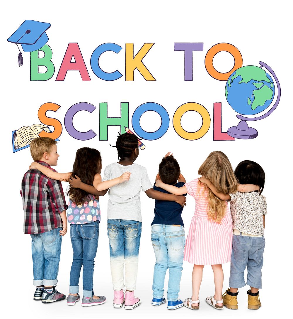 Group of students with back to school illustration