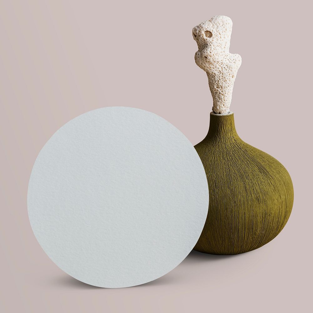 Round space mockup with craft green vase