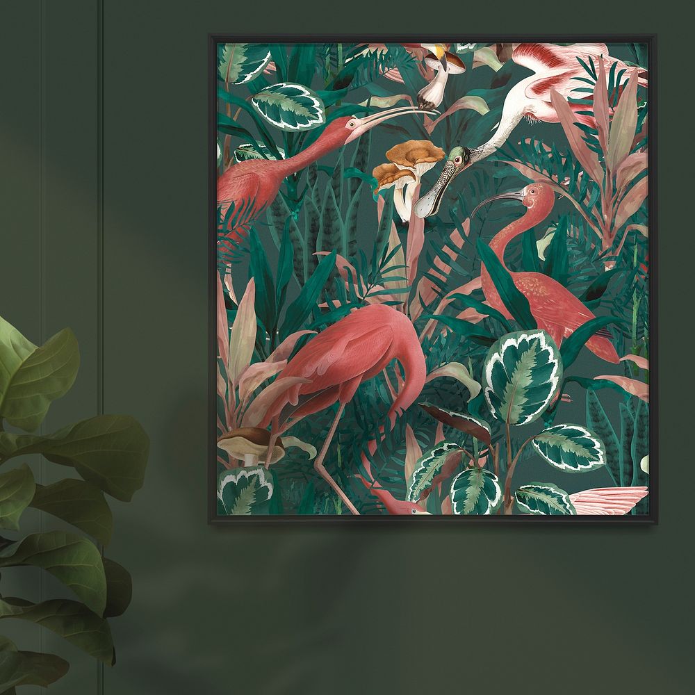 Exotic jungle, flamingo bird frame photo on a wall