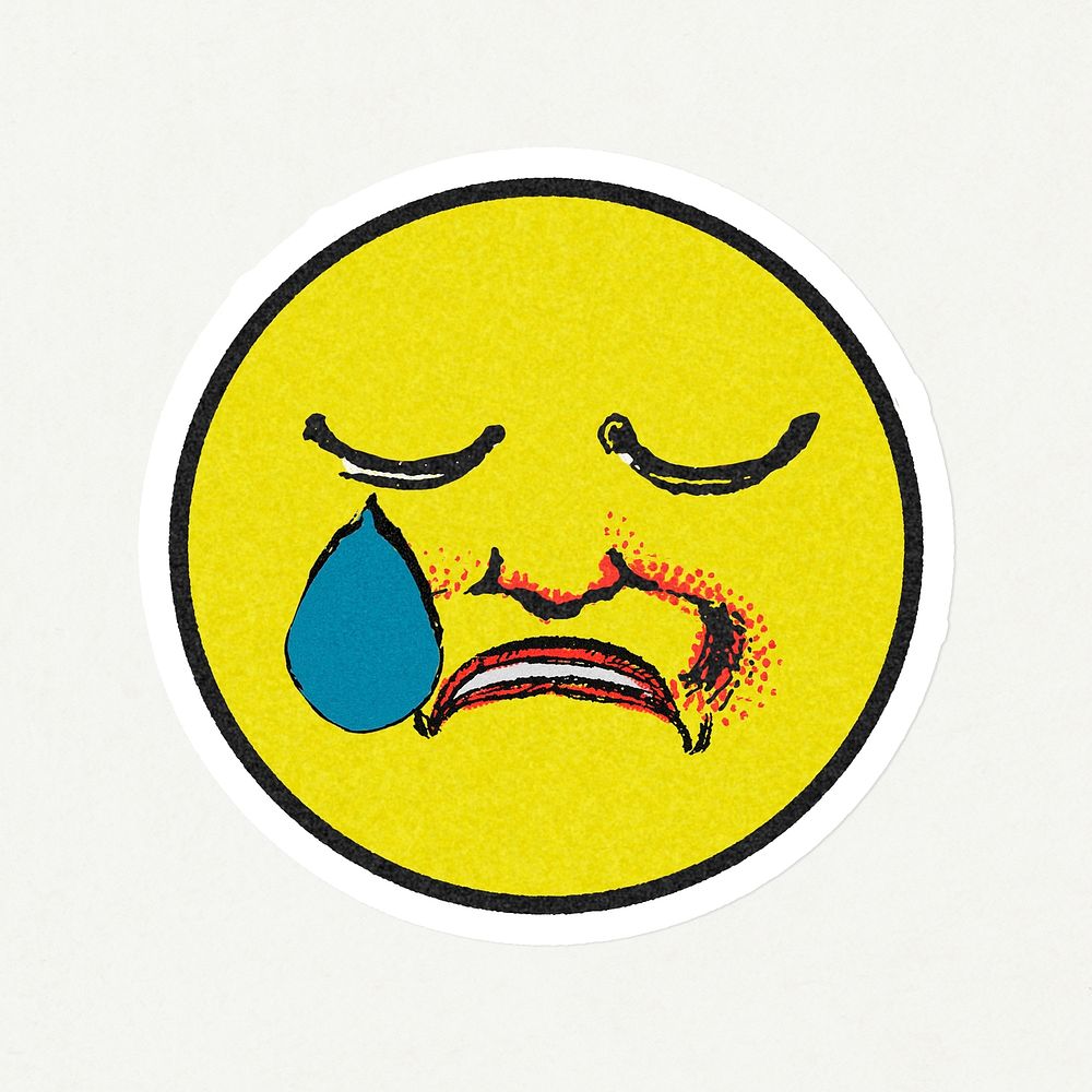 Vintage yellow round sad emoji with tear sticker with white border