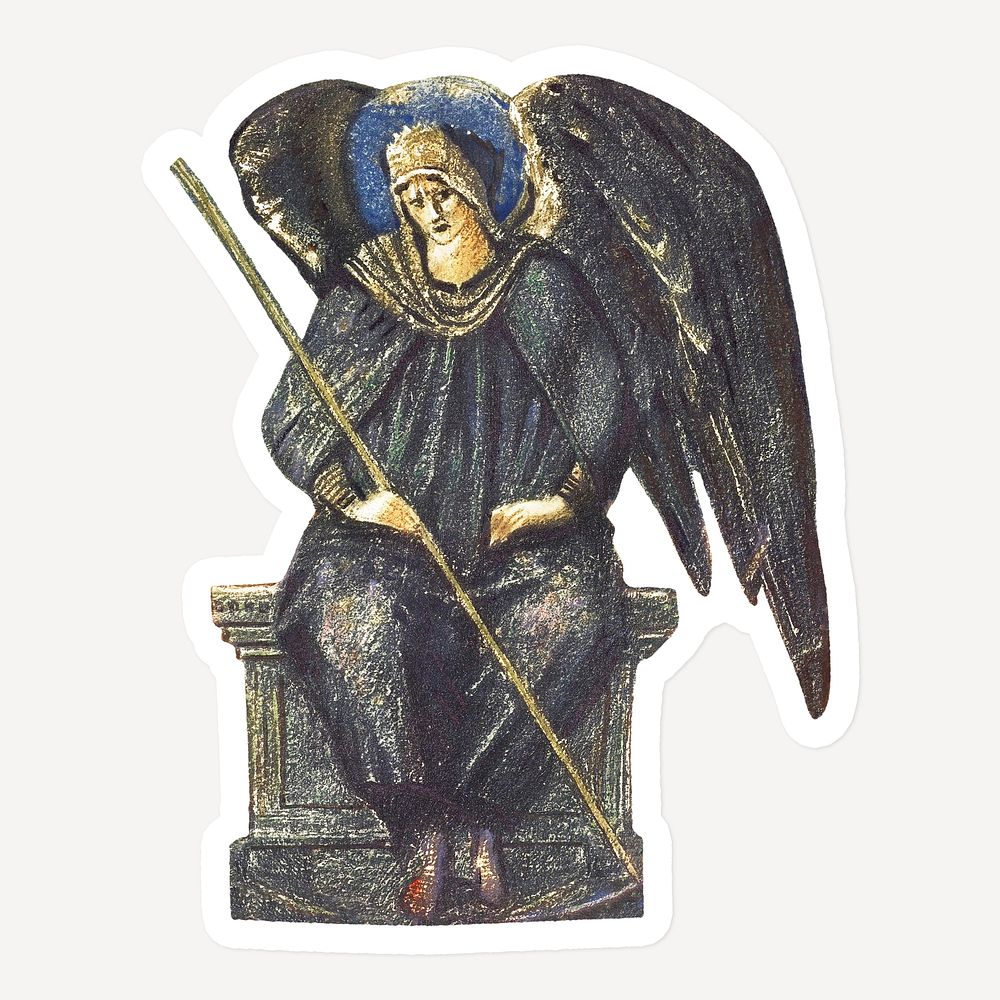 Vintage black archangel illustration sticker with white border