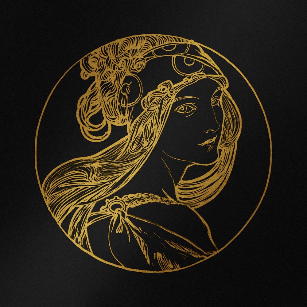Lady art nouveau gold silhouette, remixed from the artworks of Alphonse Maria Mucha