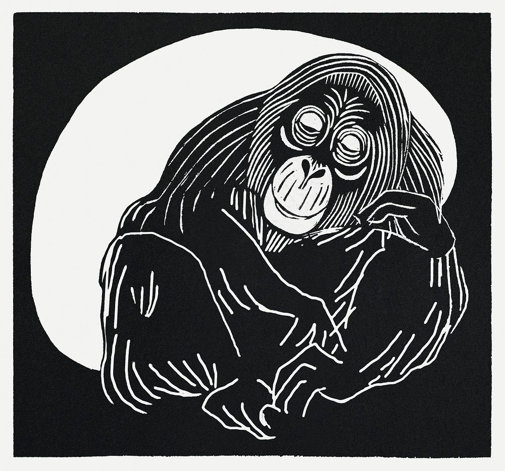Vintage orangutan animal art print, remix from artworks by Samuel Jessurun de Mesquita