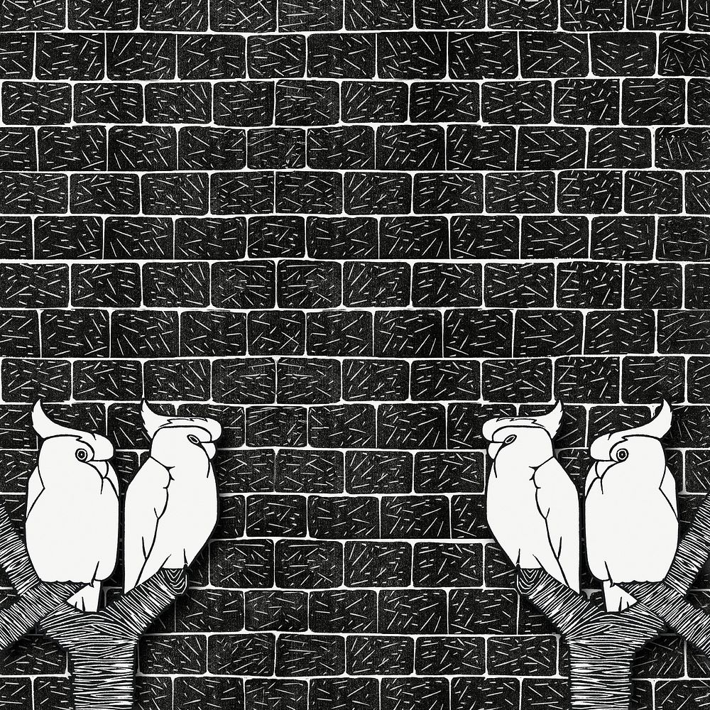 Vintage crowned cockatoos animal art print on brick wall, remix from artworks by Samuel Jessurun de Mesquita