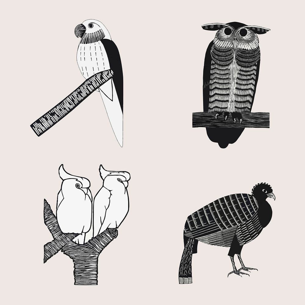 Vintage bird art print set vector, remix from artworks by Samuel Jessurun de Mesquita