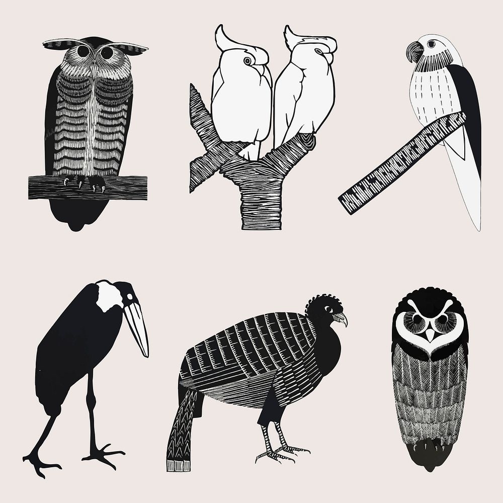 Vintage bird art print set vector, remix from artworks by Samuel Jessurun de Mesquita