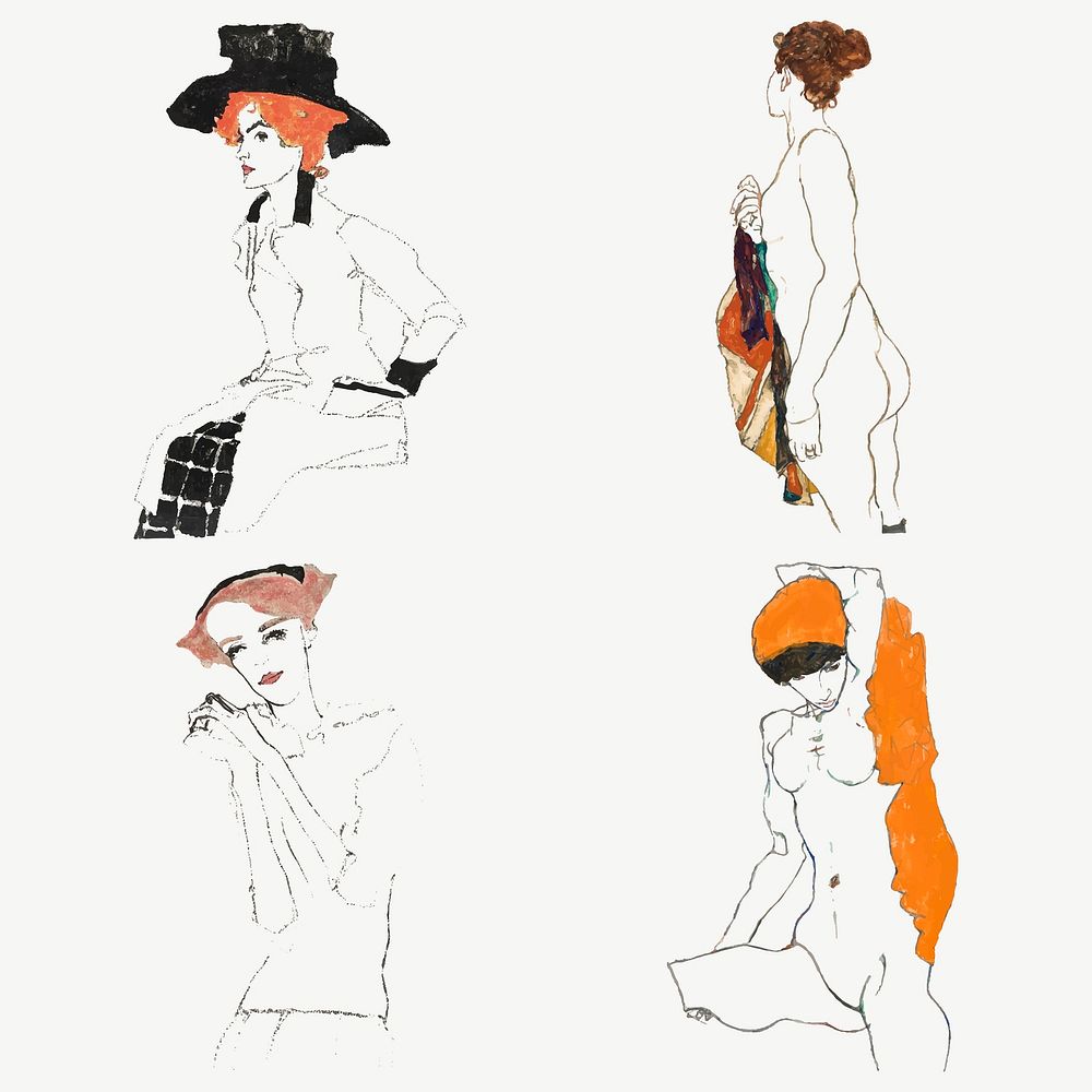 Vintage woman line art drawing vector set remixed from the artworks of Egon Schiele.
