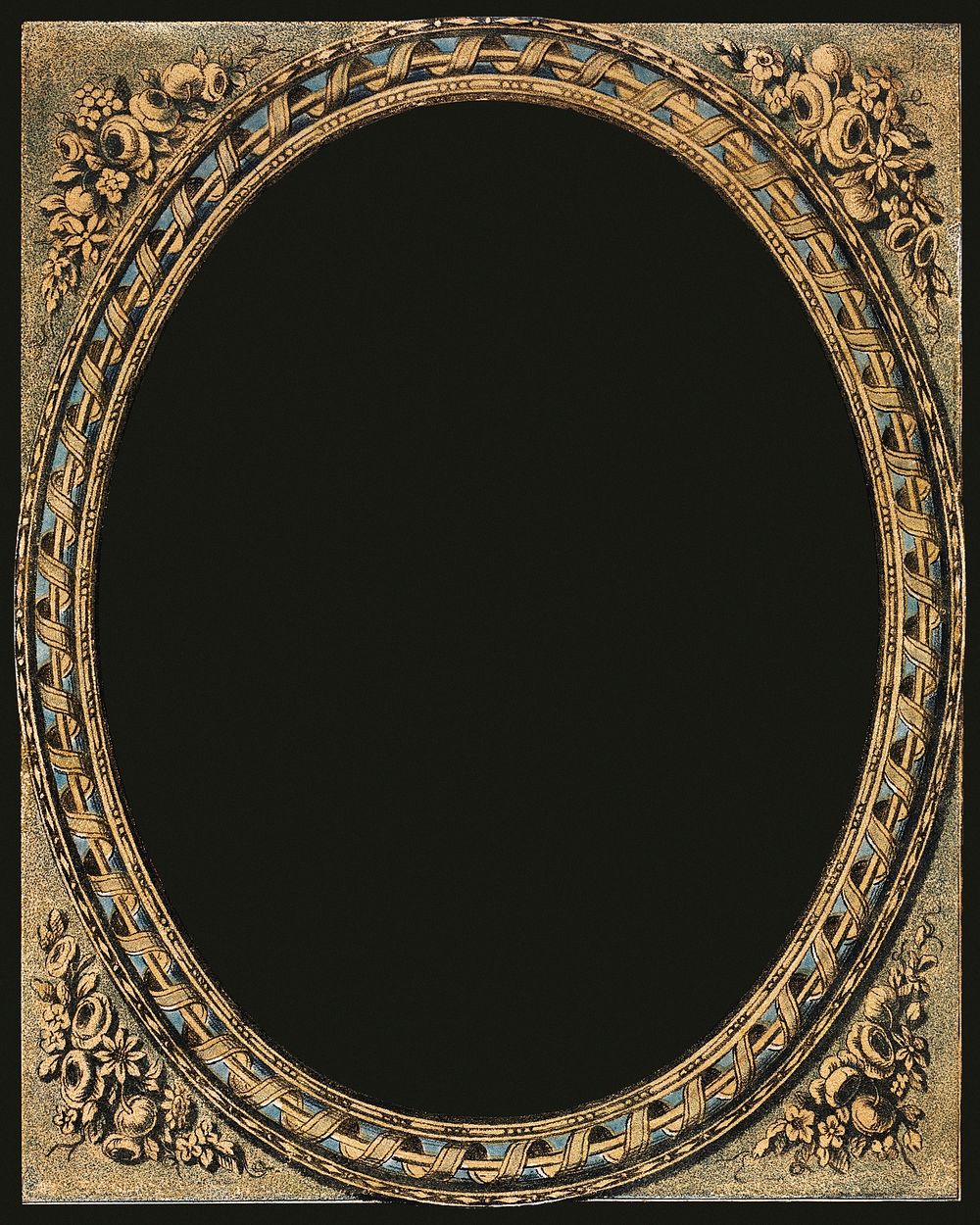 Vintage gold oval frame, featuring public domain artworks