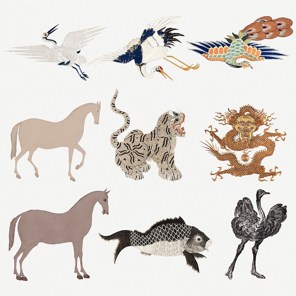 Vintage animal embroidery and illustration set, featuring public domain artworks