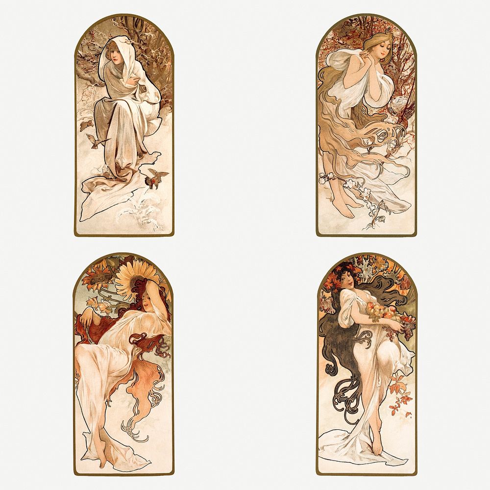Art nouveau lady four seasons, remixed from the artworks of Alphonse Maria Mucha