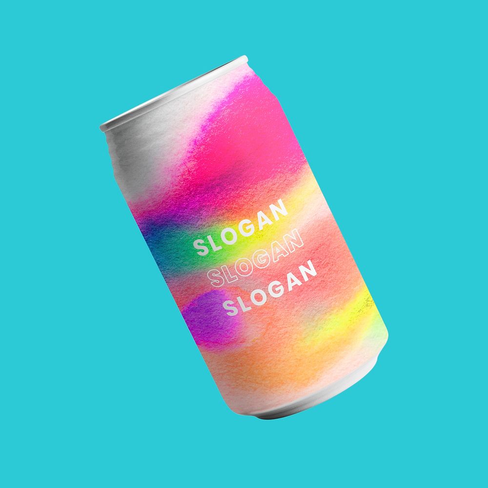 Editable soda can mockup psd, food and beverage packaging chromatography art style