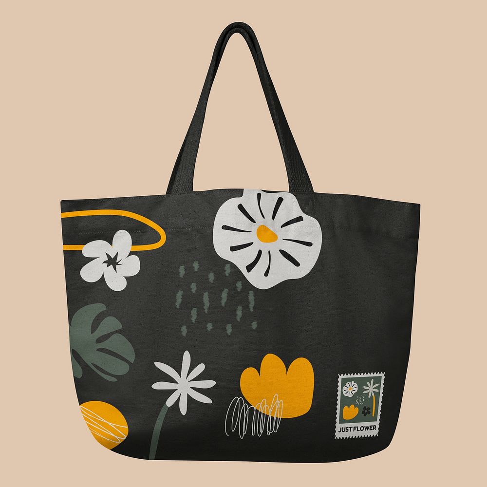 Black floral canvas tote bag