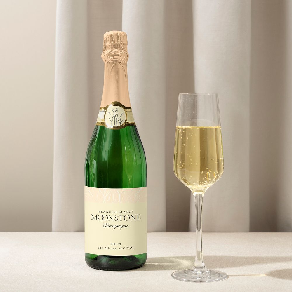Champagne bottle mockup, alcoholic beverage product packaging psd