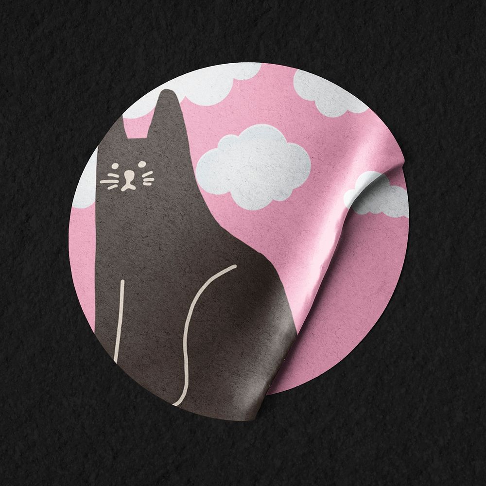Round badge sticker mockup, cute cat doodle  psd