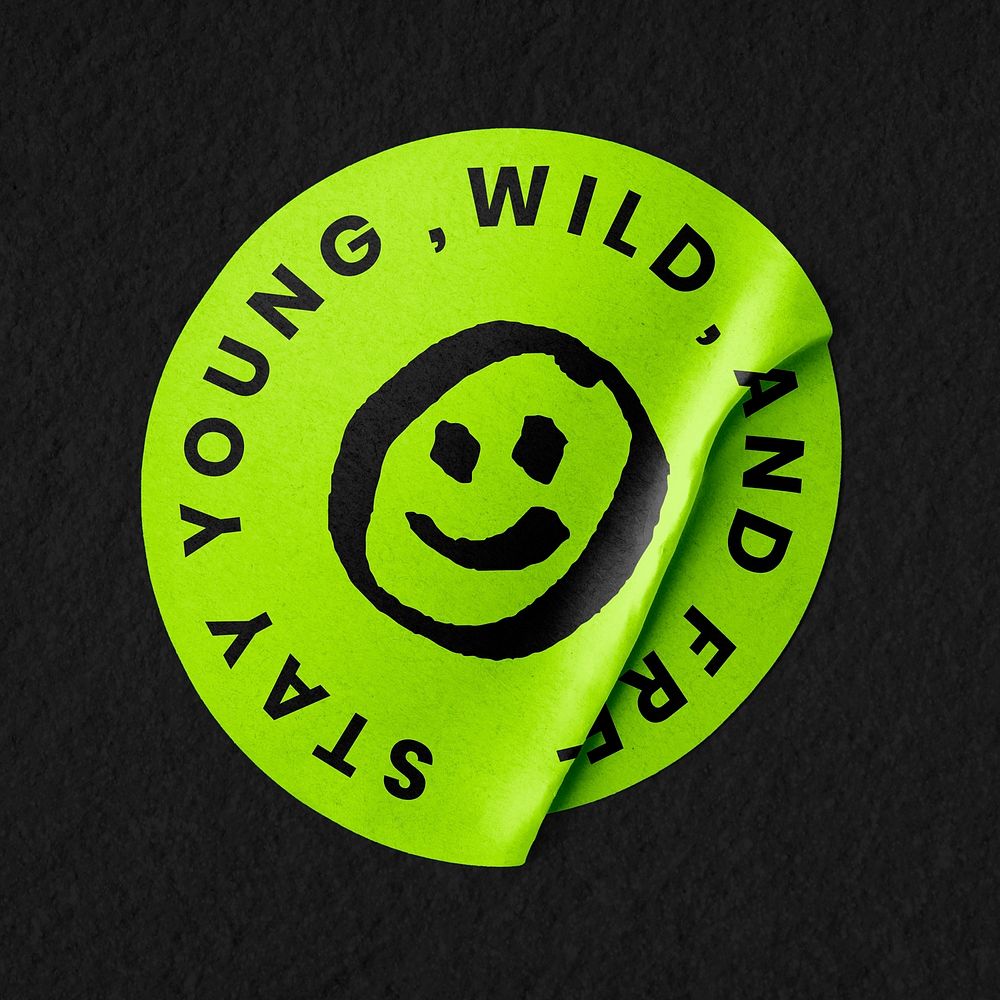 Neon green sticker mockup psd, old school design with smiling face and text