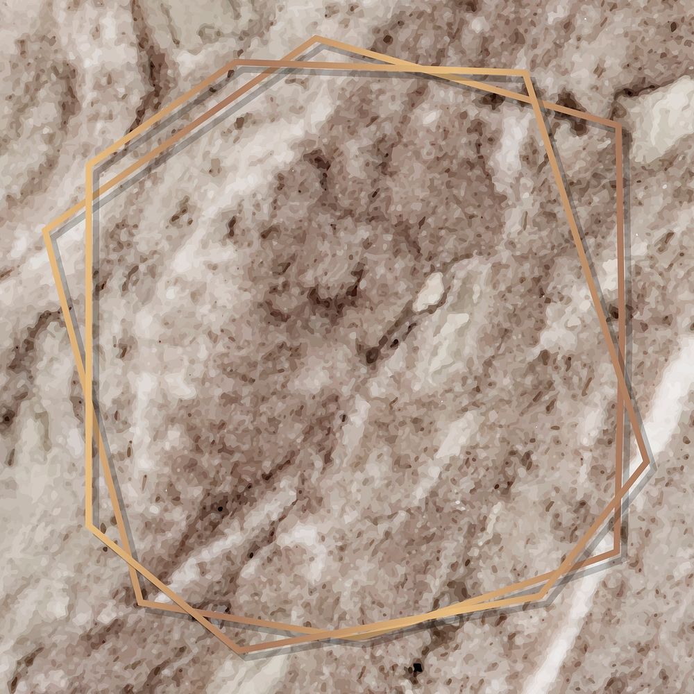 Heptagon gold frame on brown marble background vector