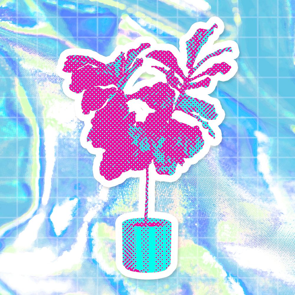 Hand drawn funky philodendron halftone style sticker with a white border