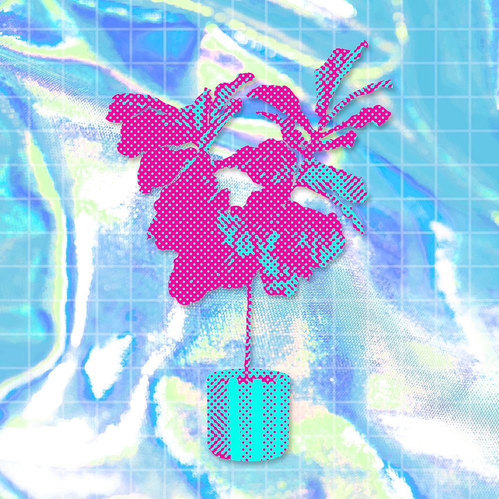 Hand drawn funky philodendron halftone style illustration