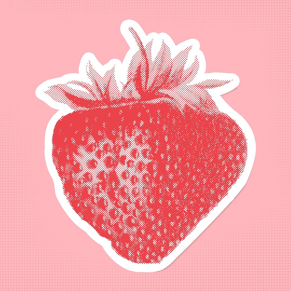 Halftone fresh strawberry sticker overlay with white border 