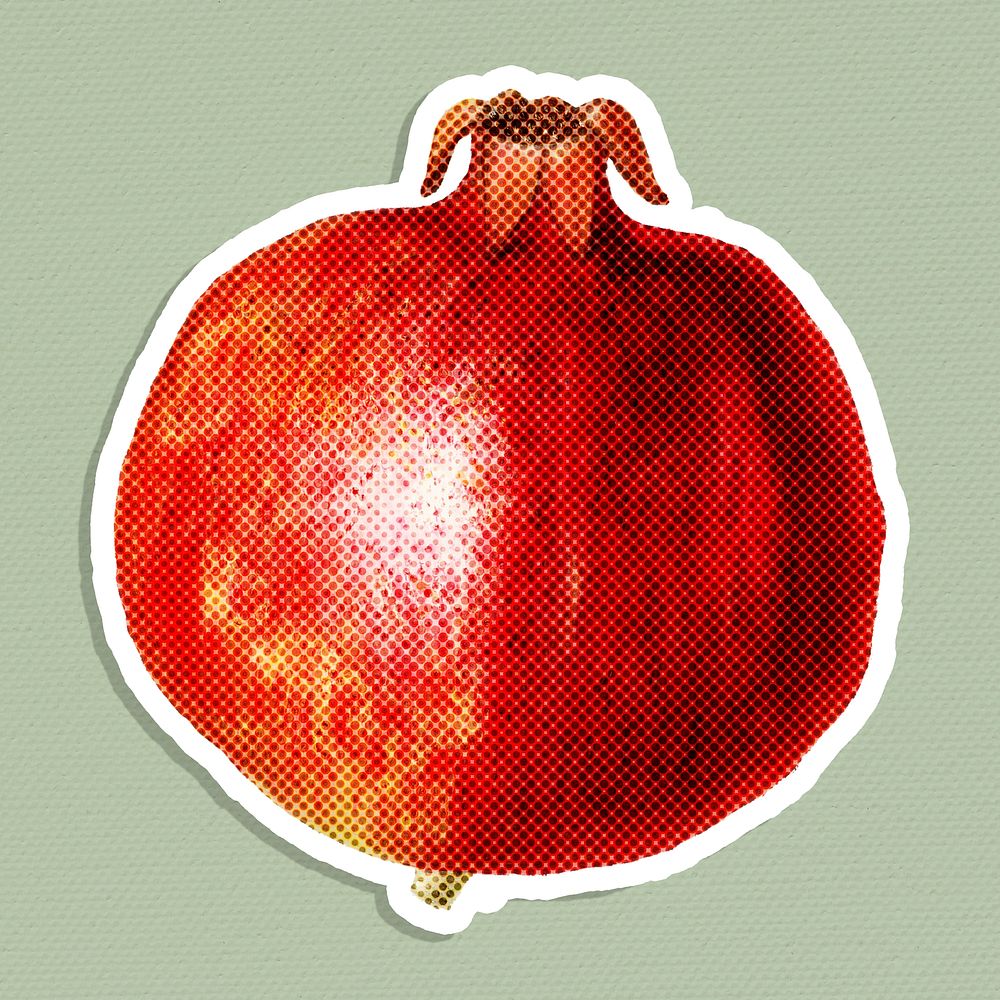 Halftone pomegranate sticker overlay with white border 