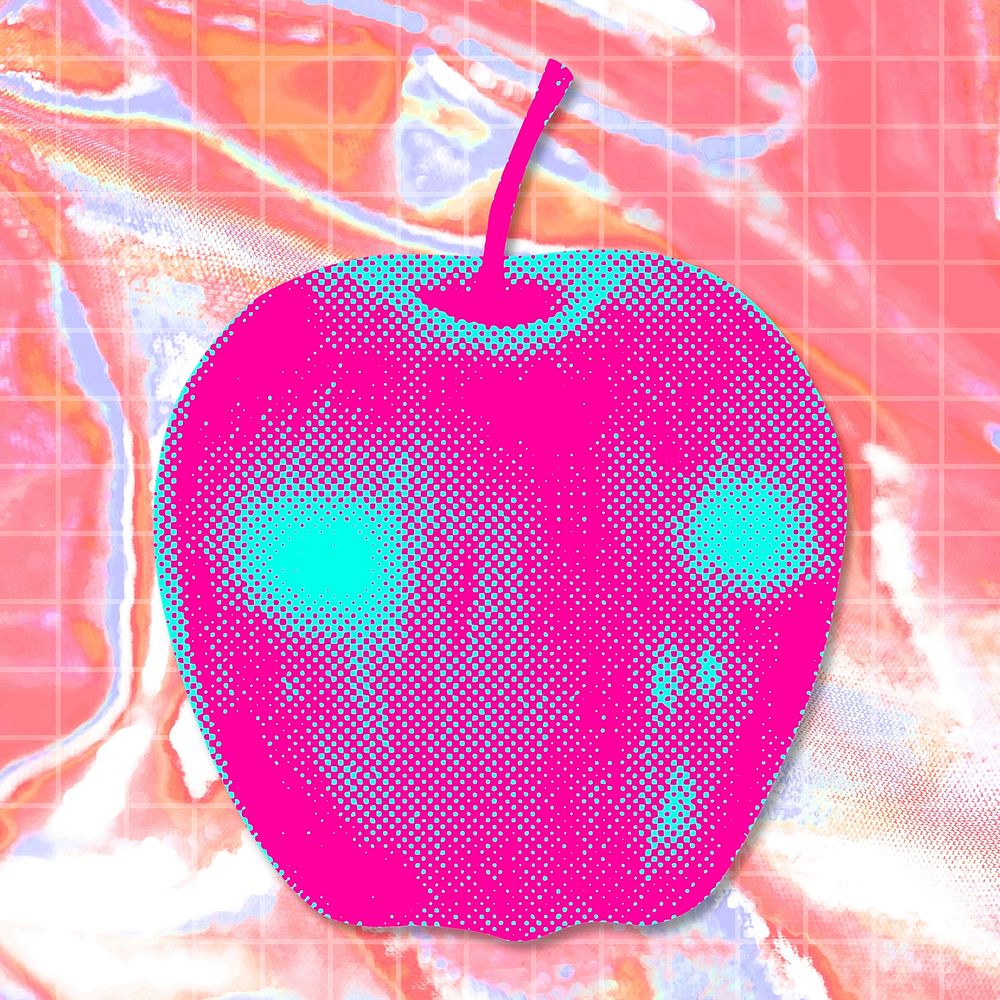 Funky neon halftone apple sticker overlay with white border