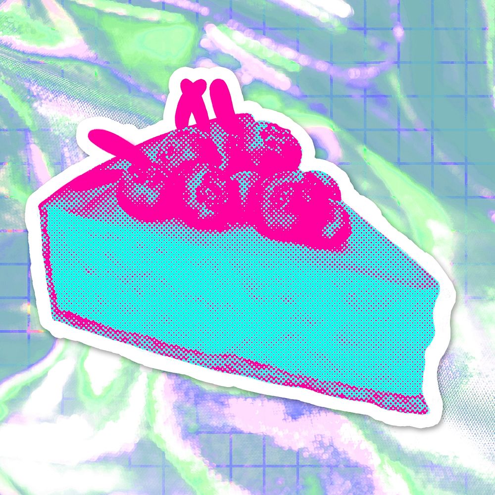 Hand drawn funky blueberry cheesecake halftone style sticker with a white border