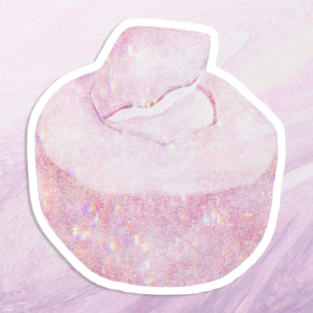 Sparkling pink coconut holographic style sticker illustration with white border