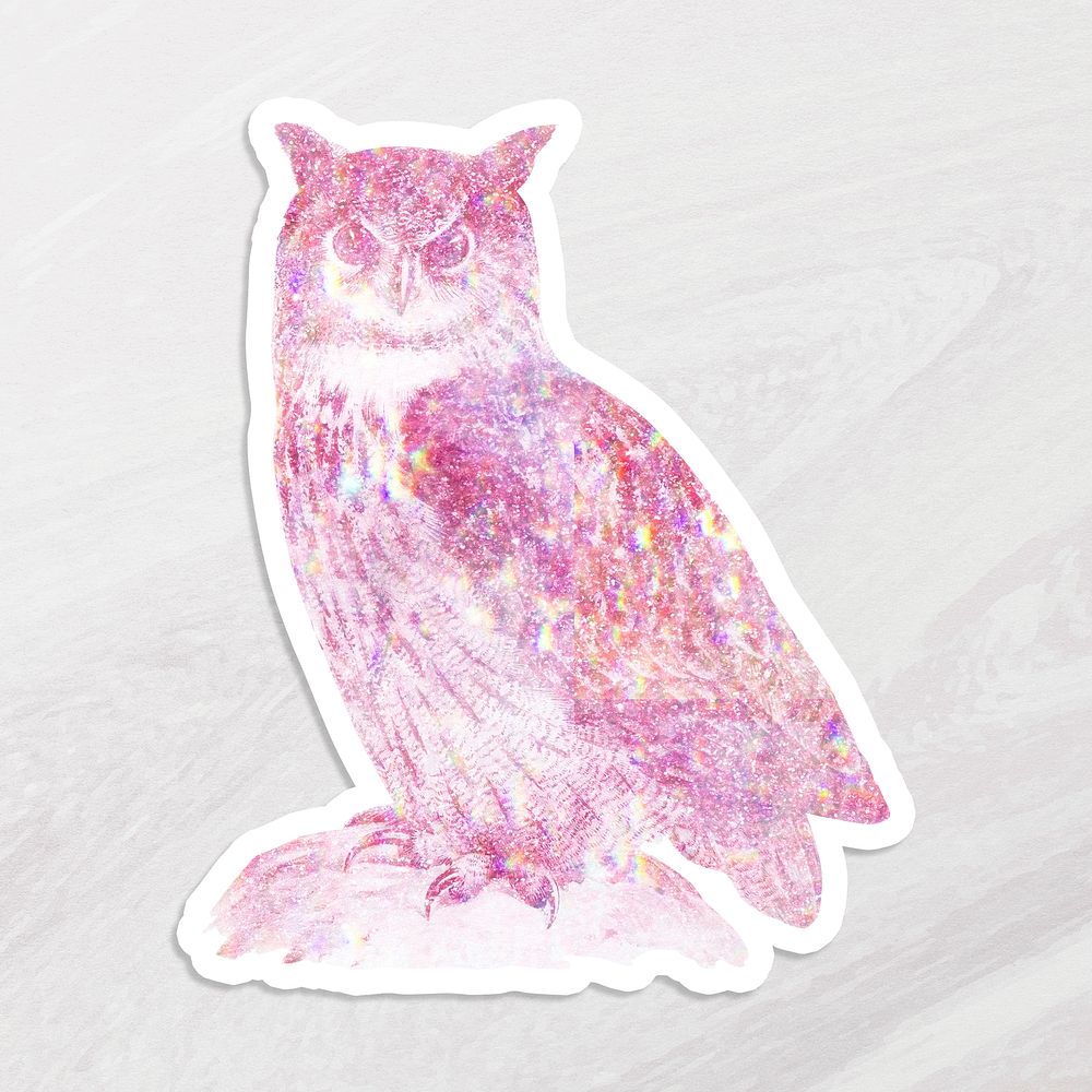 Pink holographic Eurasian eagle-owl sticker with a white border
