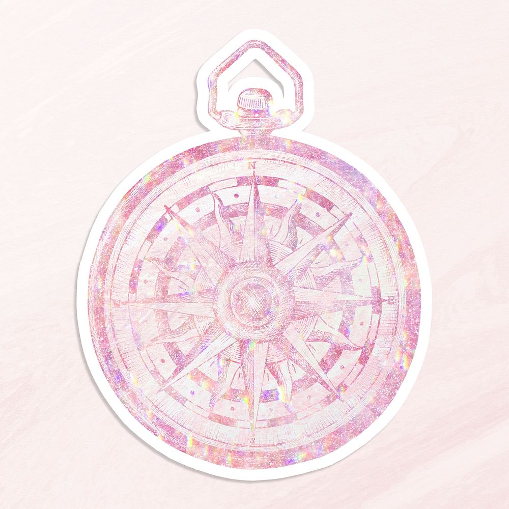 Pink holographic compass sticker with a white border