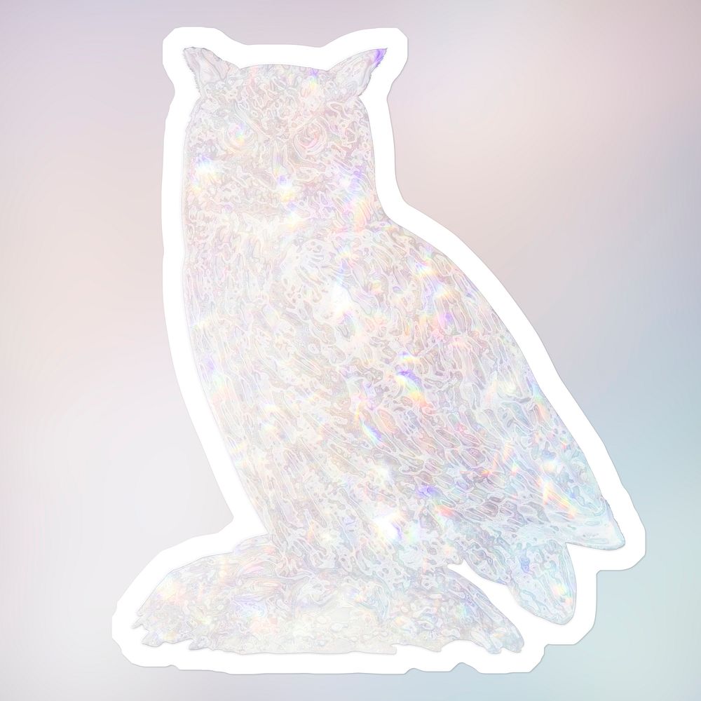 Silvery holographic Eurasian eagle-owl sticker with a white border