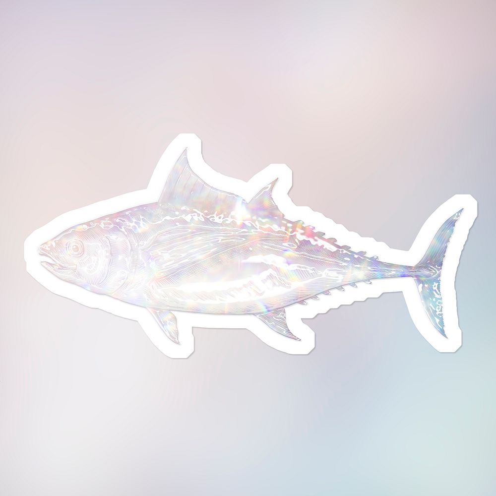 Silvery holographic tuna fish sticker with a white border