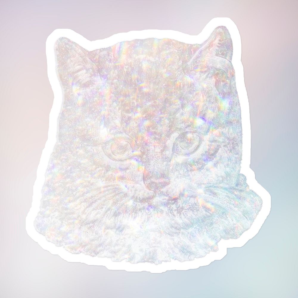 Silvery holographic cat sticker with a white border