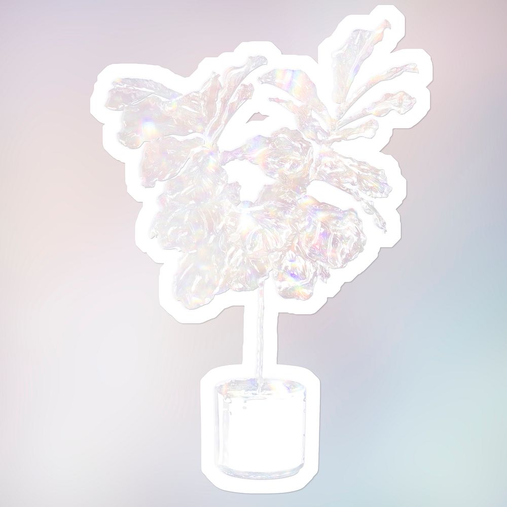 Silvery holographic fiddle leaf fig tree sticker with a white border