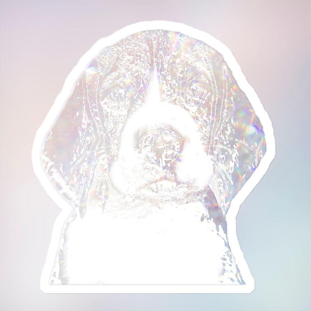 Silvery holographic beagle puppy sticker with a white border