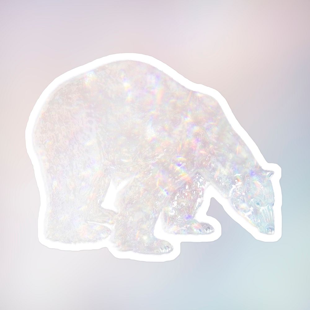 Silvery holographic polar bear sticker with a white border