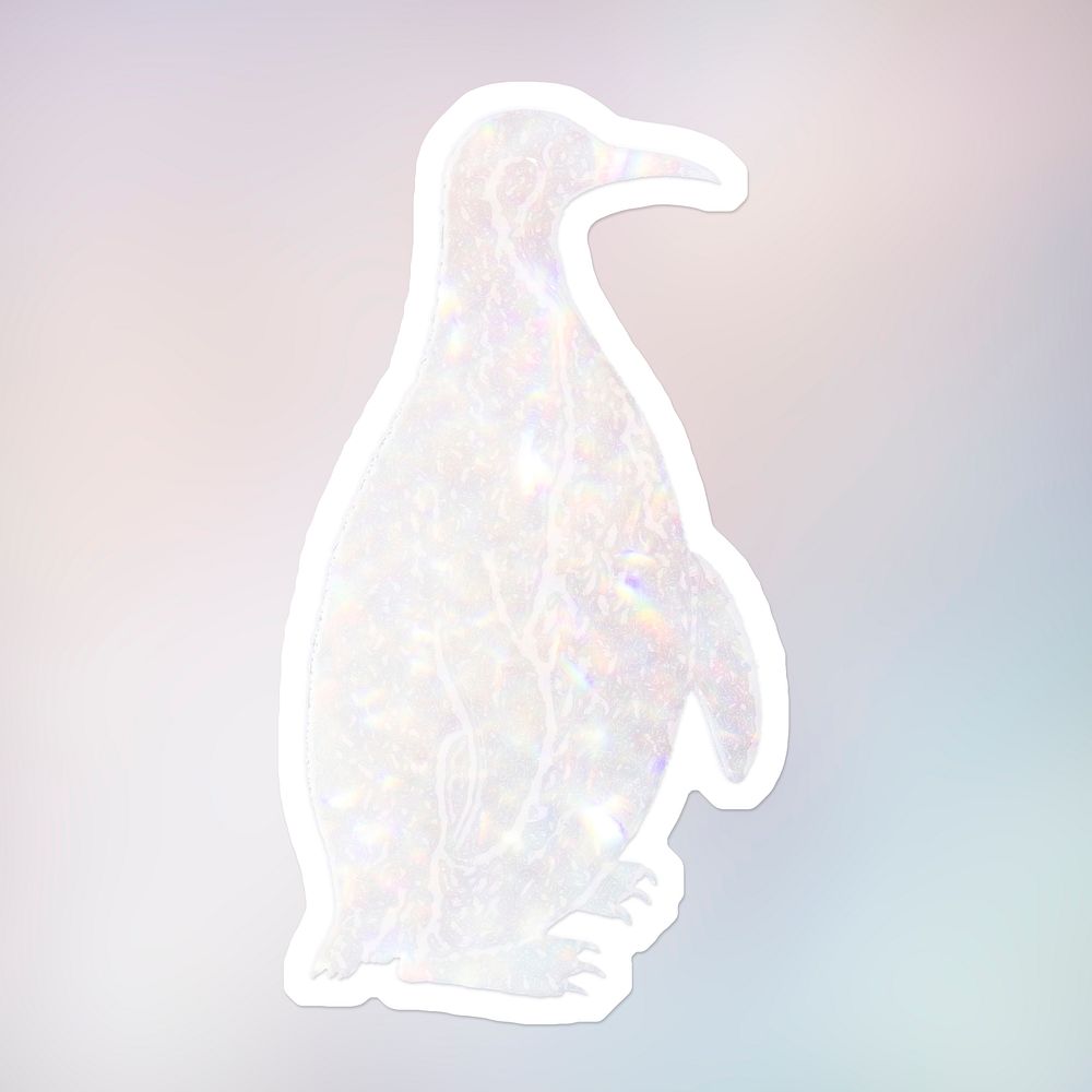 Silvery holographic Magellanic penguin sticker with a white border