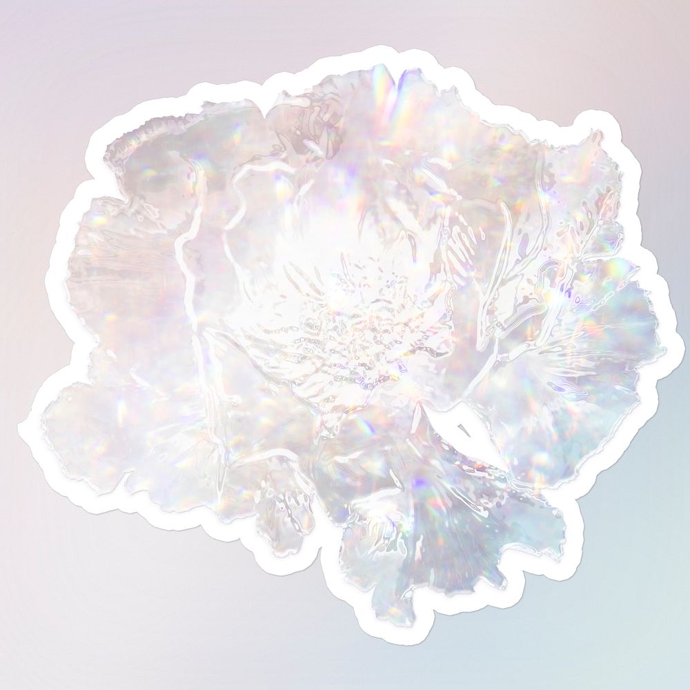 Silver holographic peony flower sticker with white border